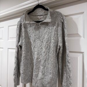 LOFT Light Gray Zip-Up Cable Knit Sweater